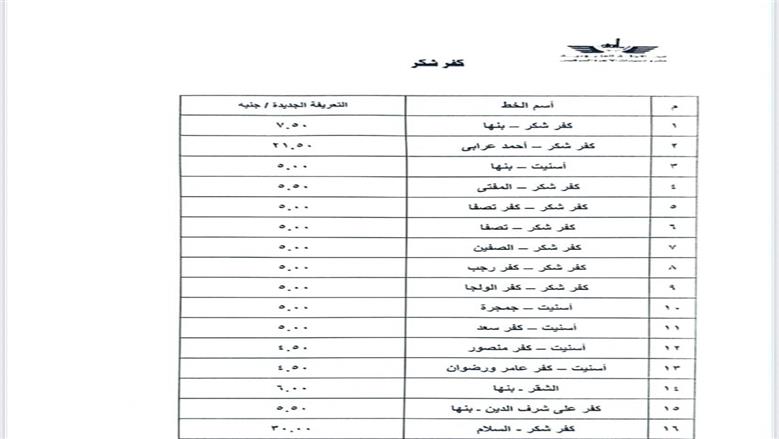 التعريفة الجديدة بمواقف القليوبية