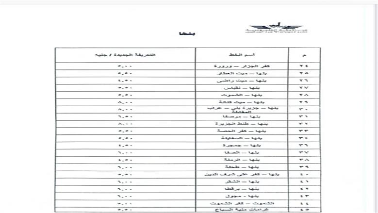 التعريفة الجديدة بمواقف القليوبية