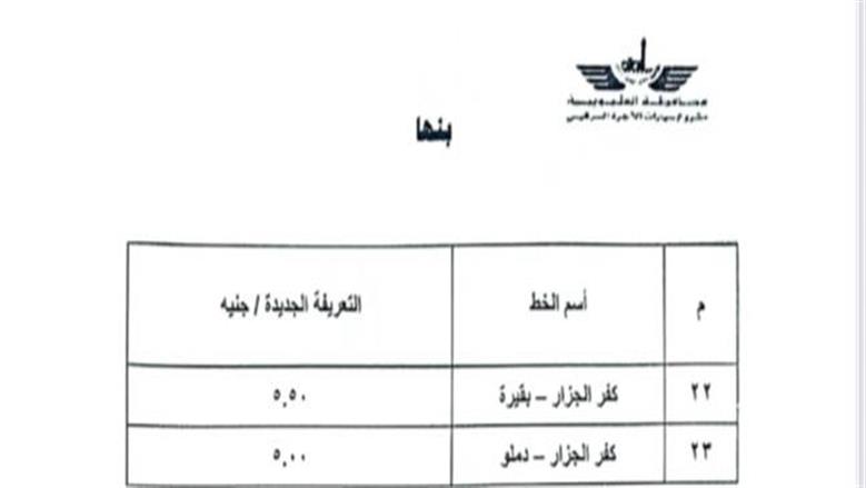 التعريفة الجديدة بمواقف القليوبية