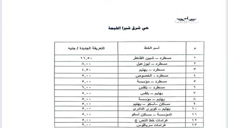 التعريفة الجديدة بمواقف القليوبية