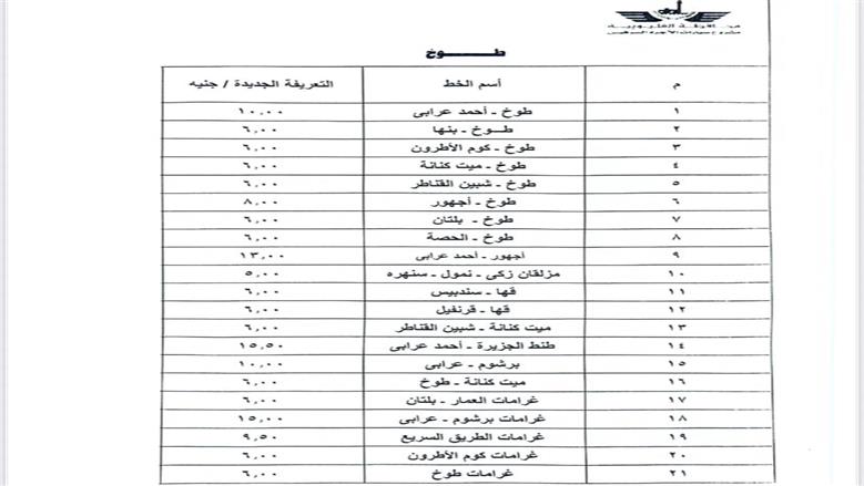 التعريفة الجديدة بمواقف القليوبية