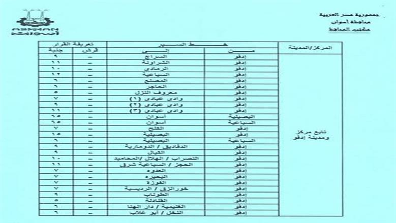 تعريفة الركوب اسوان