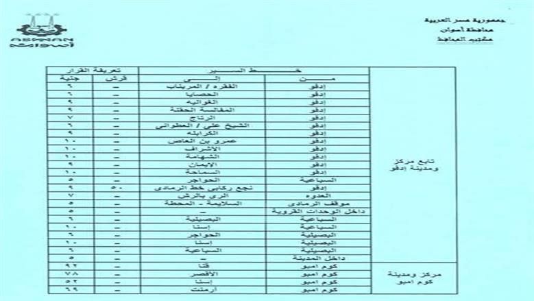 تعريفة الركوب اسوان