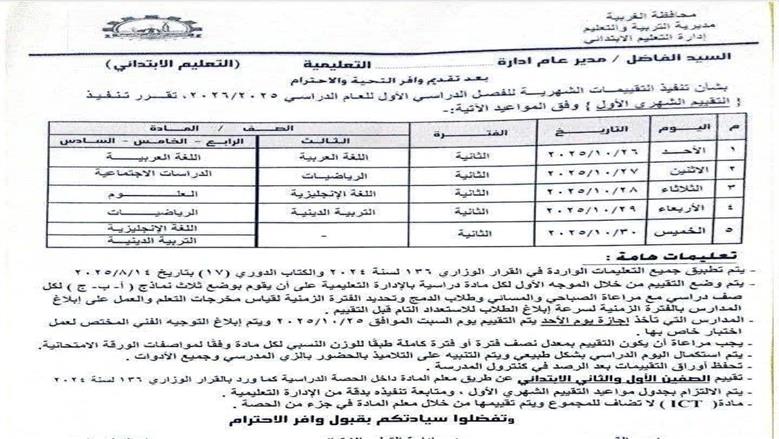 جدول امتحانات شهر أكتوبر 2025