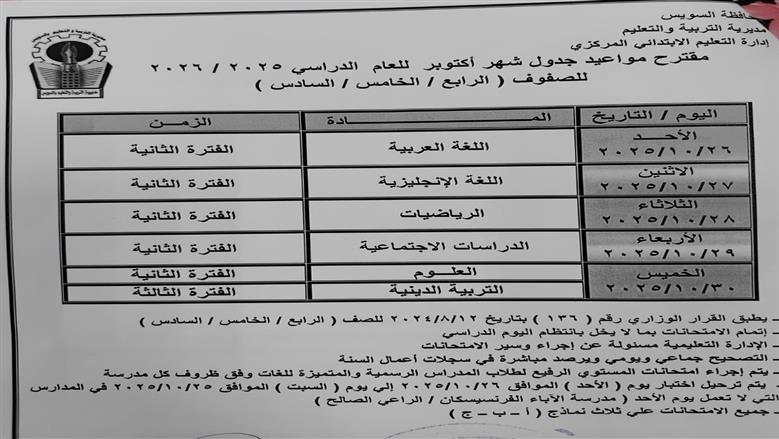 جدول امتحانات شهر أكتوبر 2025