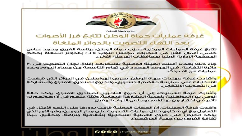 «حماة الوطن» يتابع عمليات فرز «النواب» بالدوائر الملغاة.. ويشيد بالإقبال على التصويت