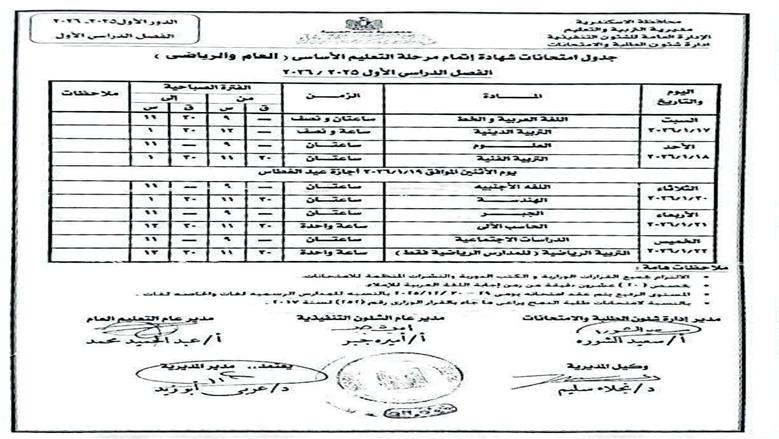 جدول امتحانات نصف العام الدراسي في الإسكندرية 