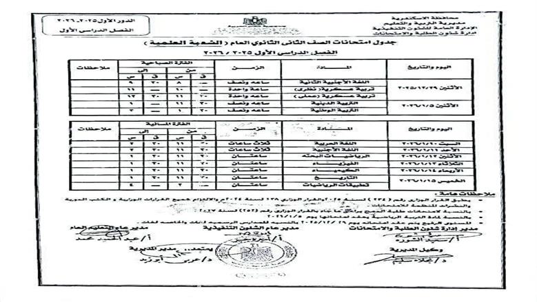 جدول امتحانات نصف العام الدراسي في الإسكندرية 