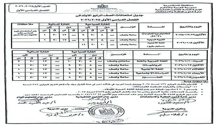 جدول امتحانات نصف العام الدراسي في الإسكندرية 