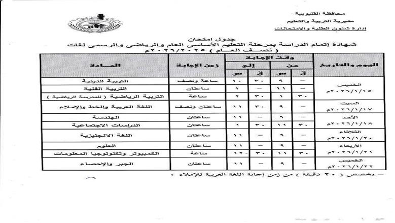 جدول امتحانات الصف الثالث الإعدادي 2026 تنطلق 15 يناير المقبل