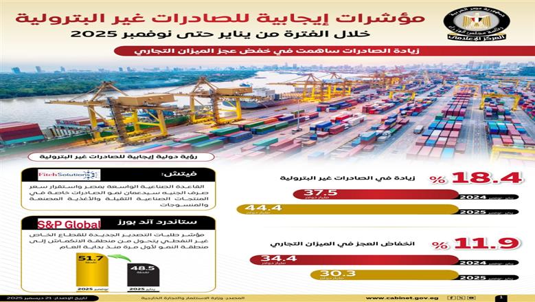 «إعلامي الوزراء»: زيادة الصادرات غير البترولية 18.4% في أقل من عام (إنفوجراف)