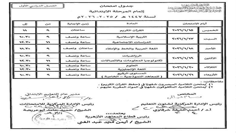 جدول امتحانات الصف السادس الابتدائي 2026