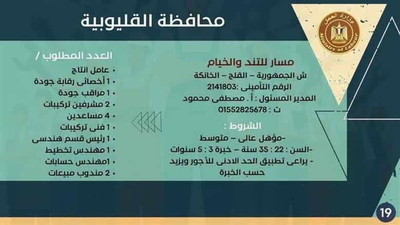وظائف مديرية العمل بالقليوبية