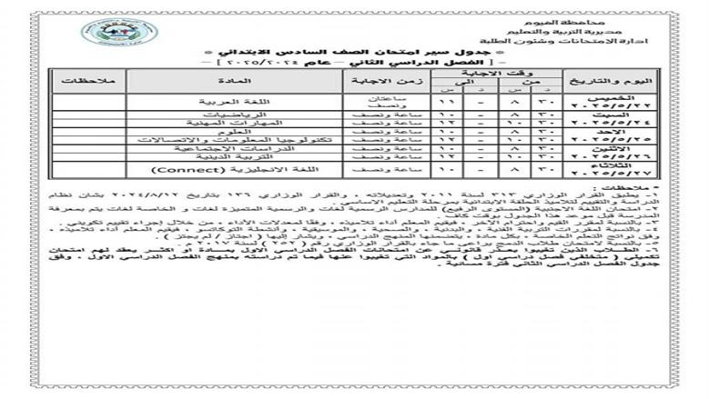 جدول امتحانات الصف السادس الابتدائي 2025