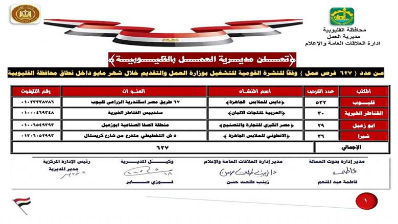 وظائف العمل بالقليوبية 