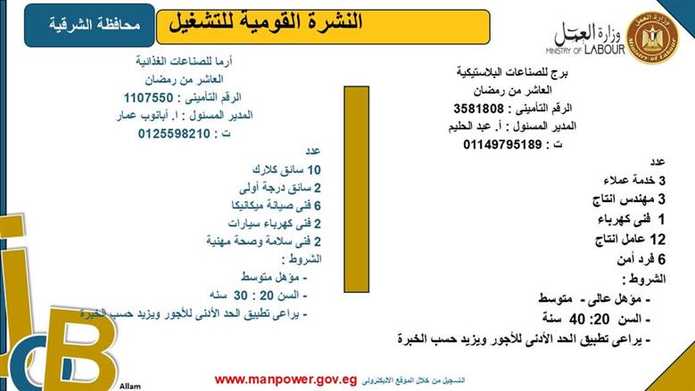 فرص عمل بمحافظة الشرقية