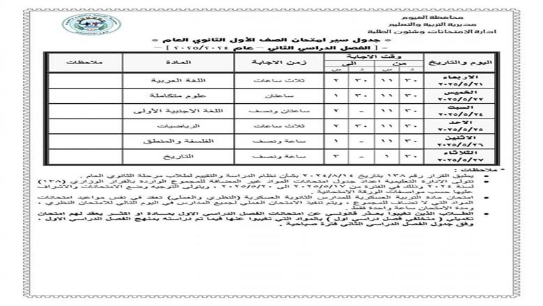 جدول امتحانات الصف الأول الثانوي العام 2025