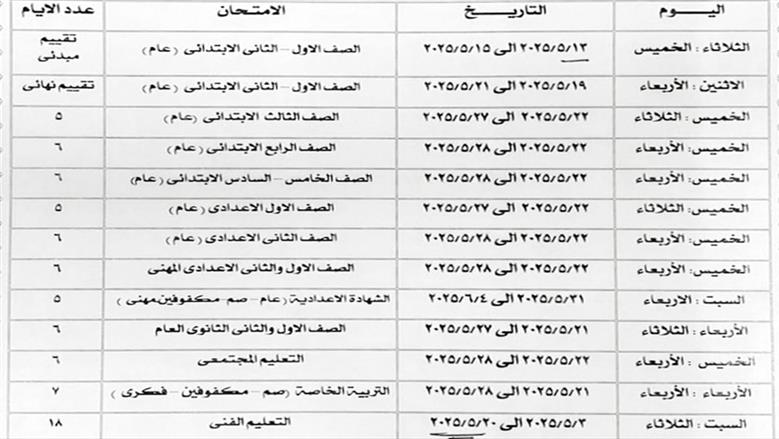 جدول امتحانات المرحلة الابتدائية في الاسكندرية