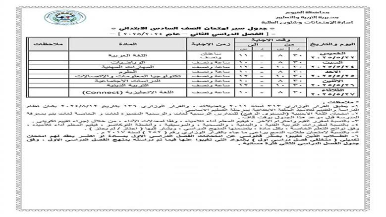 جدول امتحانات الصف السادس الابتدائي 2025 محافظة الفيوم