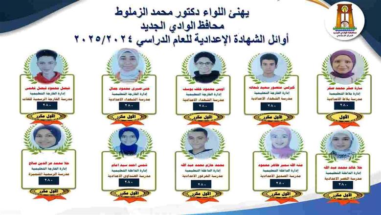 أوائل نتيجة الشهادة الإعدادية 2025 في محافظة الوادي الجديد
