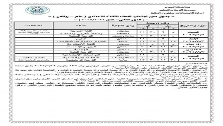 جدول امتحانات الدور الثاني 2025 للشهادة الإعدادية