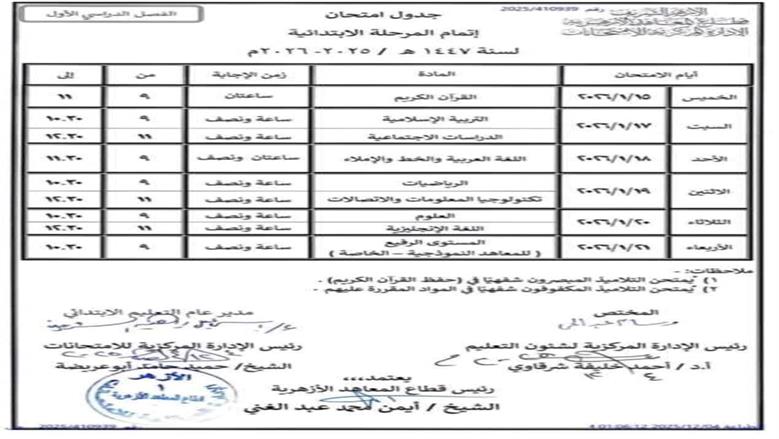جدول إمتحانات الشهادة الإبتدائية الأزهرية