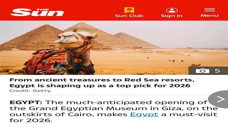 «ذا صن» البريطانية: مصر ضمن أفضل 10 وجهات سياحية خلال 2026