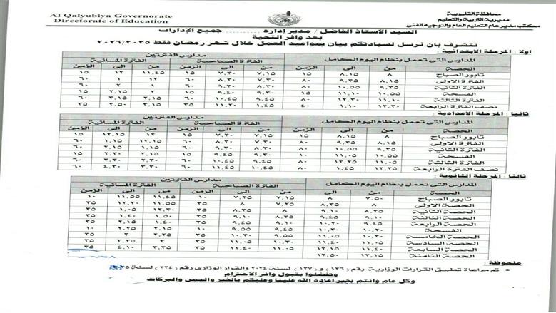 مواعيد المدارس في شهر رمضان بمحافظة القليوبية 