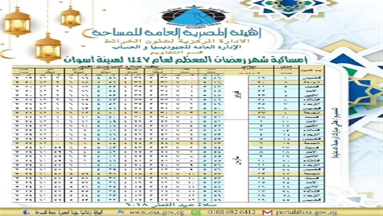 إمساكية شهر رمضان 2026 لمحافظة أسوان وعدد ساعات الصيام