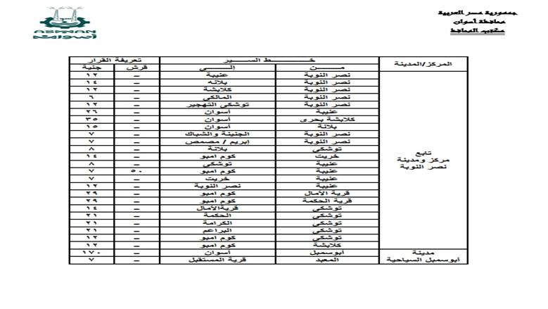 تعريفة محافظة أسوان