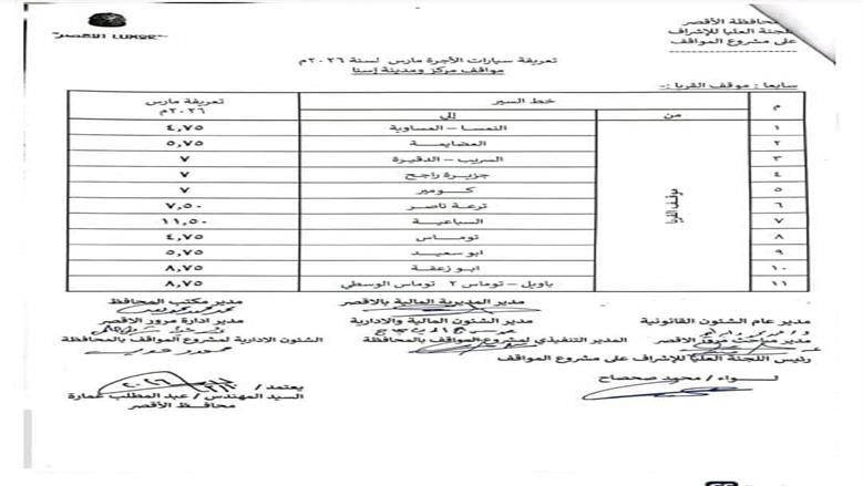 تعريفة الركوب الجديدة في محافظة الأقصر