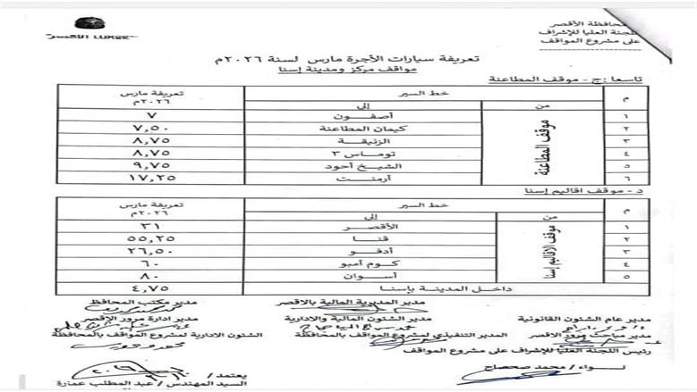 تعريفة الركوب الجديدة في محافظة الأقصر