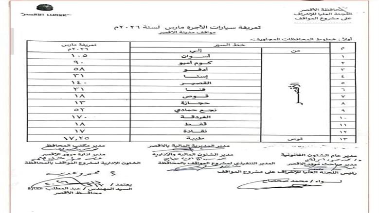 تعريفة الركوب الجديدة في محافظة الأقصر