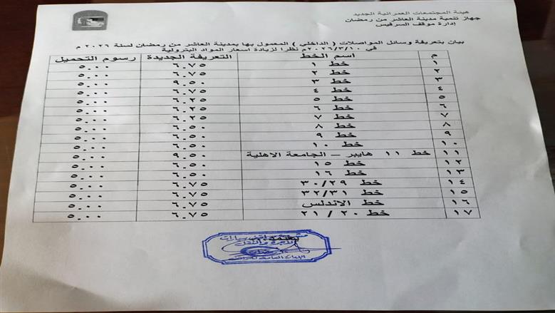 اعتماد التعريفة الجديدة لخطوط النقل بمدينة العاشر من رمضان