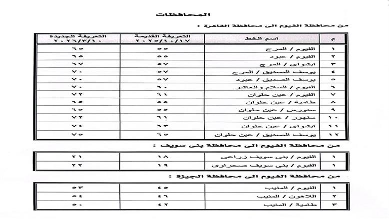 تعريفة الركوب من الفيوم للمحافظات المجاورة