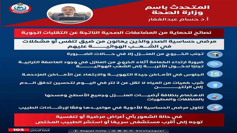«الصحة» توجه نصائح لمرضى الصدر والجيوب الأنفية لتفادي مضاعفات التقلبات الجوية
