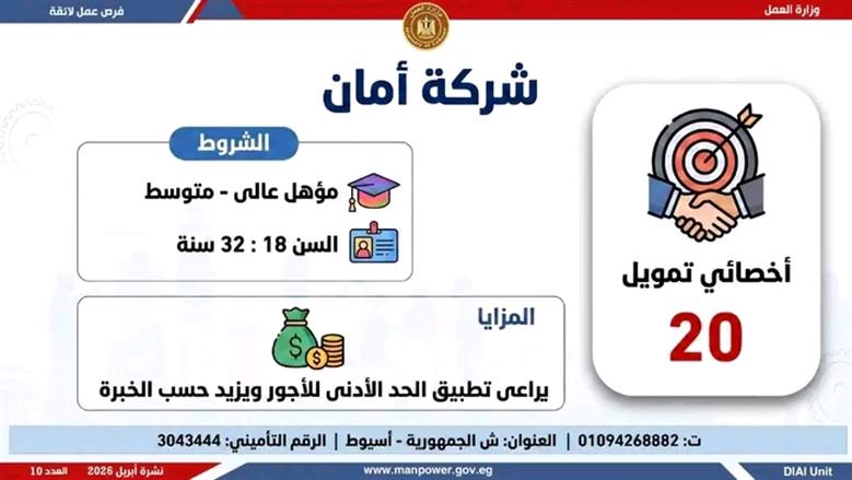 مديرية العمل بأسيوط تعلن 20 وظيفة شاغرة ضمن النشرة الأسبوعية للتوظيف