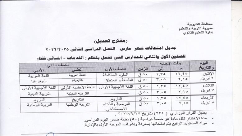 تعليم القليوبية تعلن جداول امتحانات شهر مارس بعد اجازات المدارس بسبب سوء الأحوال الجوية ..المواعيد الجديد