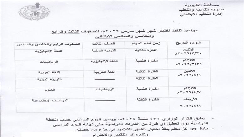 تعليم القليوبية تعلن جداول امتحانات شهر مارس بعد اجازات المدارس بسبب سوء الأحوال الجوية ..المواعيد الجديد