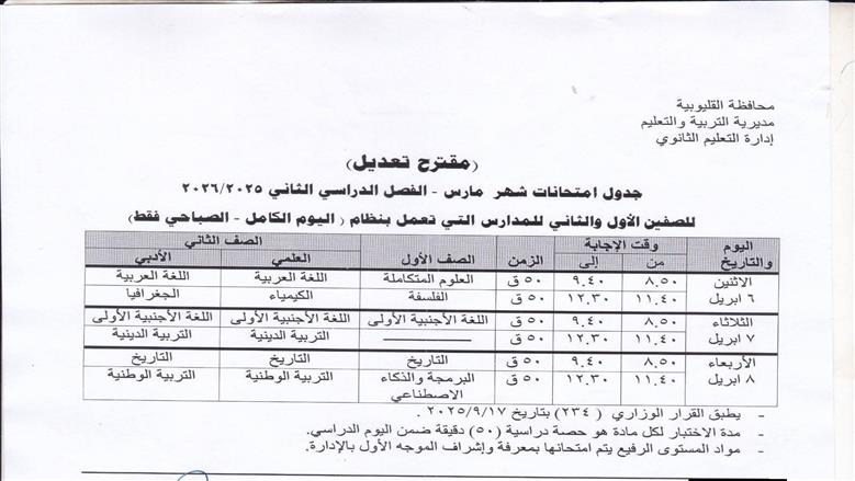 تعليم القليوبية تعلن جداول امتحانات شهر مارس بعد اجازات المدارس بسبب سوء الأحوال الجوية ..المواعيد الجديد