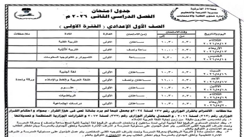 محافظ الشرقية يعتمد جدول امتحانات الترم الثاني 2025/2026