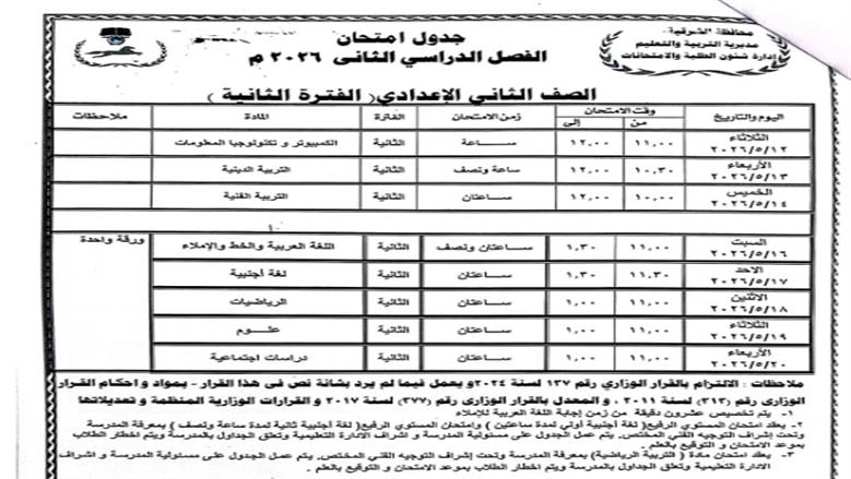 محافظ الشرقية يعتمد جدول امتحانات الترم الثاني 2025/2026