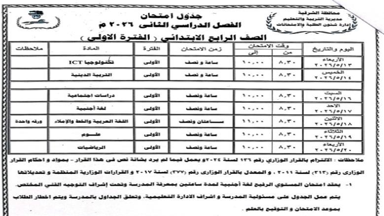 محافظ الشرقية يعتمد جدول امتحانات الترم الثاني 2025/2026