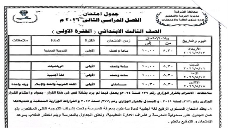 محافظ الشرقية يعتمد جدول امتحانات الترم الثاني 2025/2026
