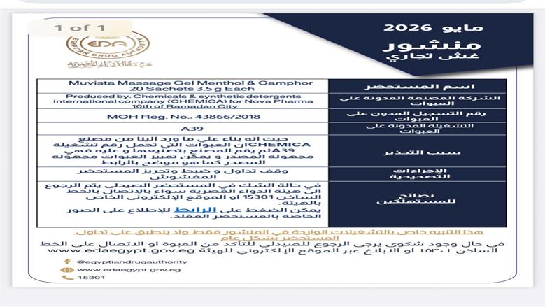«الدواء» تحذّر من مسكن موضعي مجهول المصدر في الأسواق (مستند)