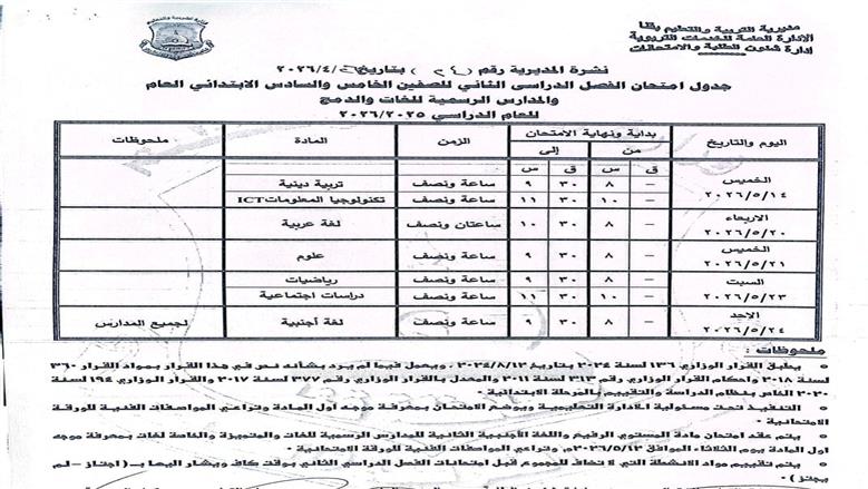 جدول امتحانات الصف السادس الابتدائي 2026 الترم الثاني