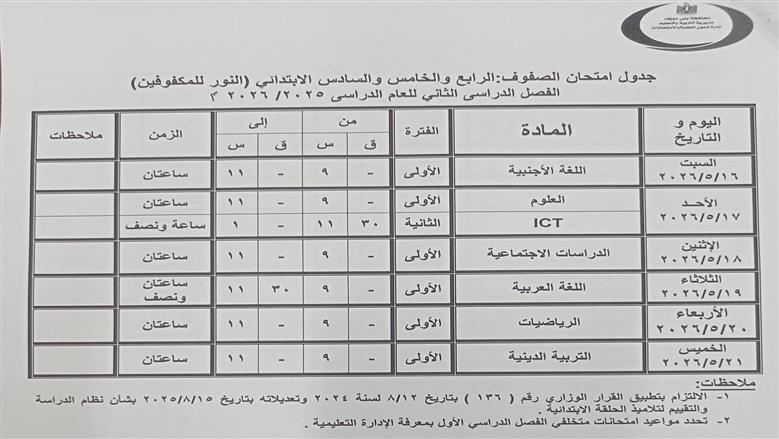 جداول امتحانات نهاية العام 2026 لطلاب بني سويف