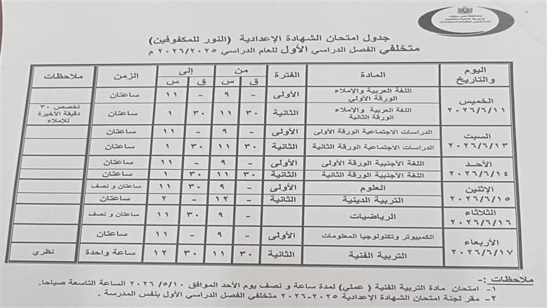 جداول امتحانات نهاية العام 2026 لطلاب بني سويف