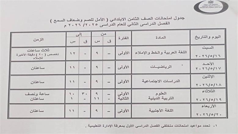 جداول امتحانات نهاية العام 2026 لطلاب بني سويف