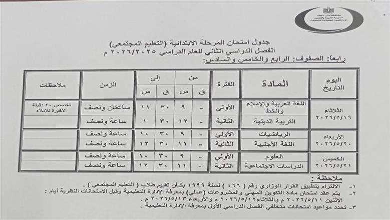 جداول امتحانات نهاية العام 2026 لطلاب بني سويف